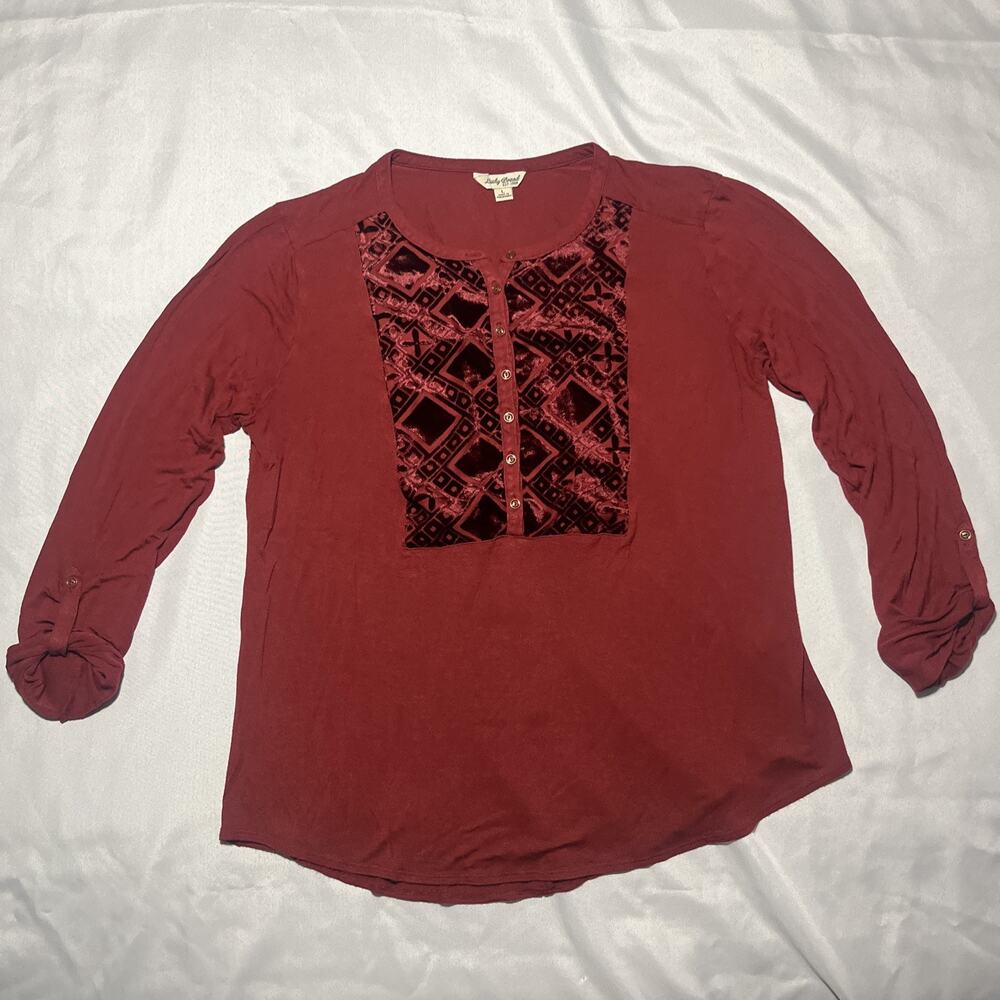 Lucky Brand Henley Blouse Womens Red Roll Tab Sleeve Size L Velvet Front Peasant